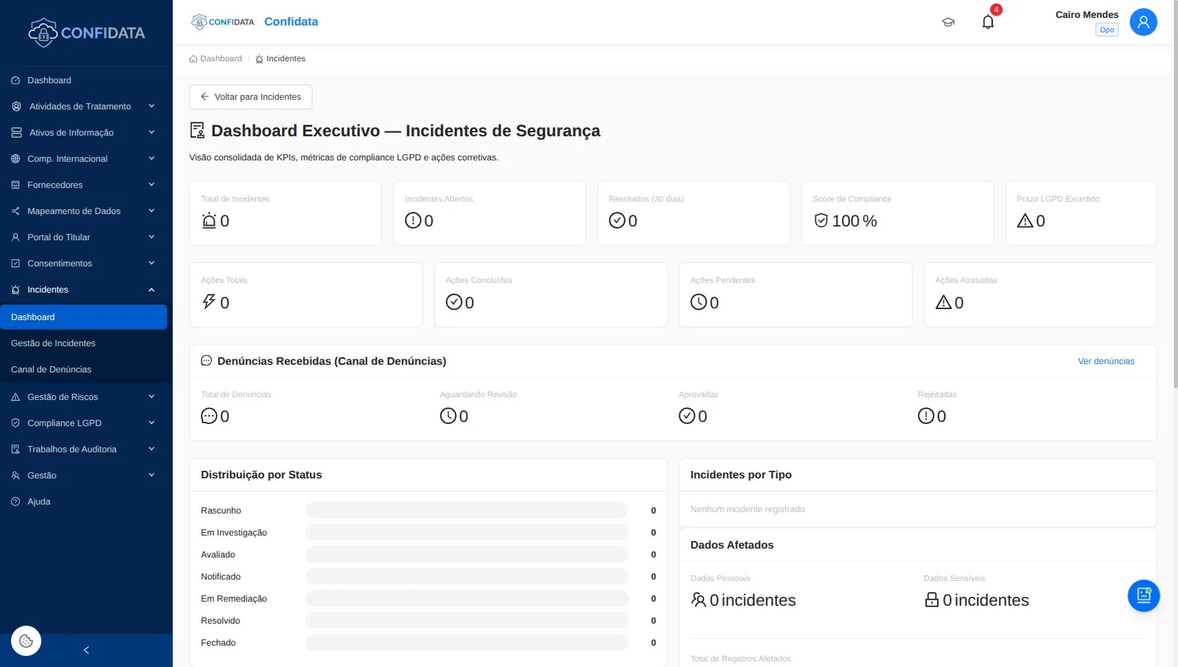 Captura de pantalla del módulo Gestión de Incidentes y Canal de Denuncias