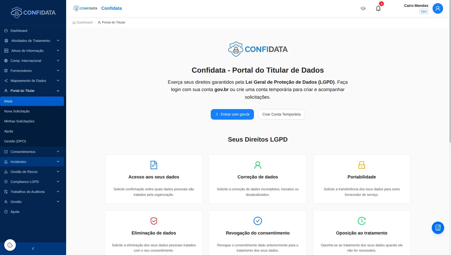 Captura de pantalla del módulo Portal de Derechos de los Titulares