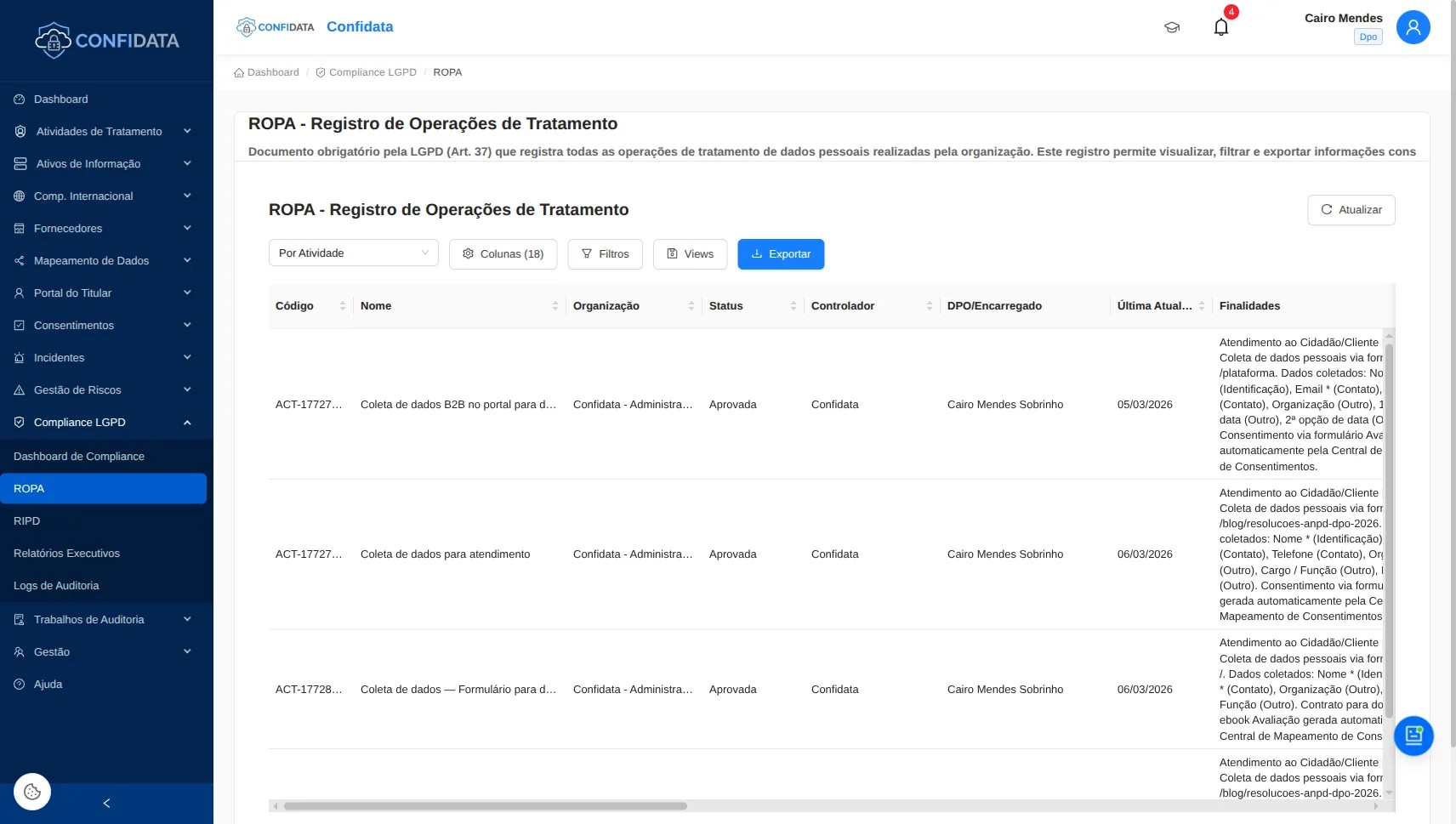 Captura de pantalla del módulo Informes RAT y EIPD