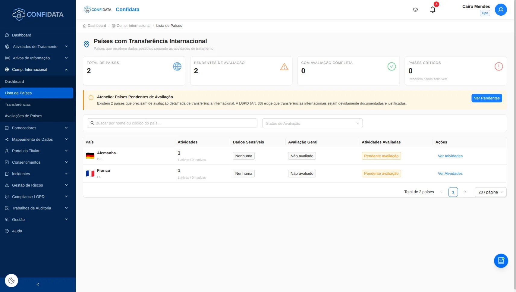 Captura de pantalla del módulo Transferencias Internacionales