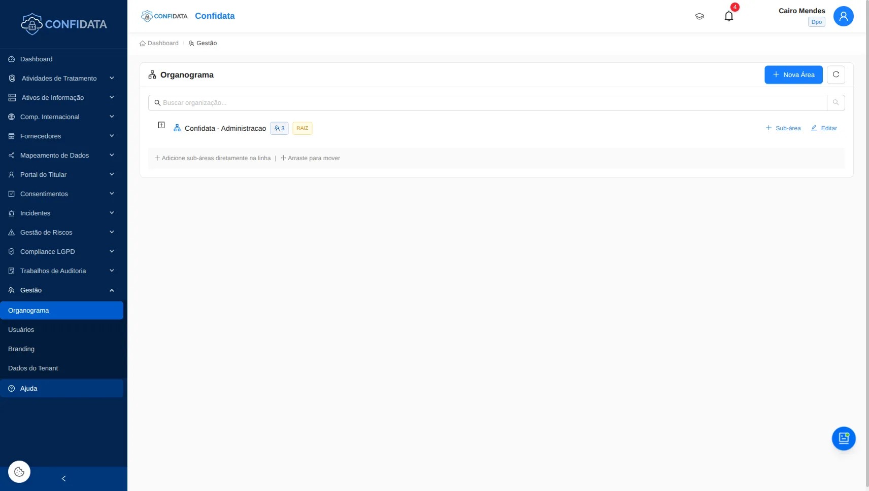 Captura de pantalla del módulo Organigrama y Gestión de Equipo