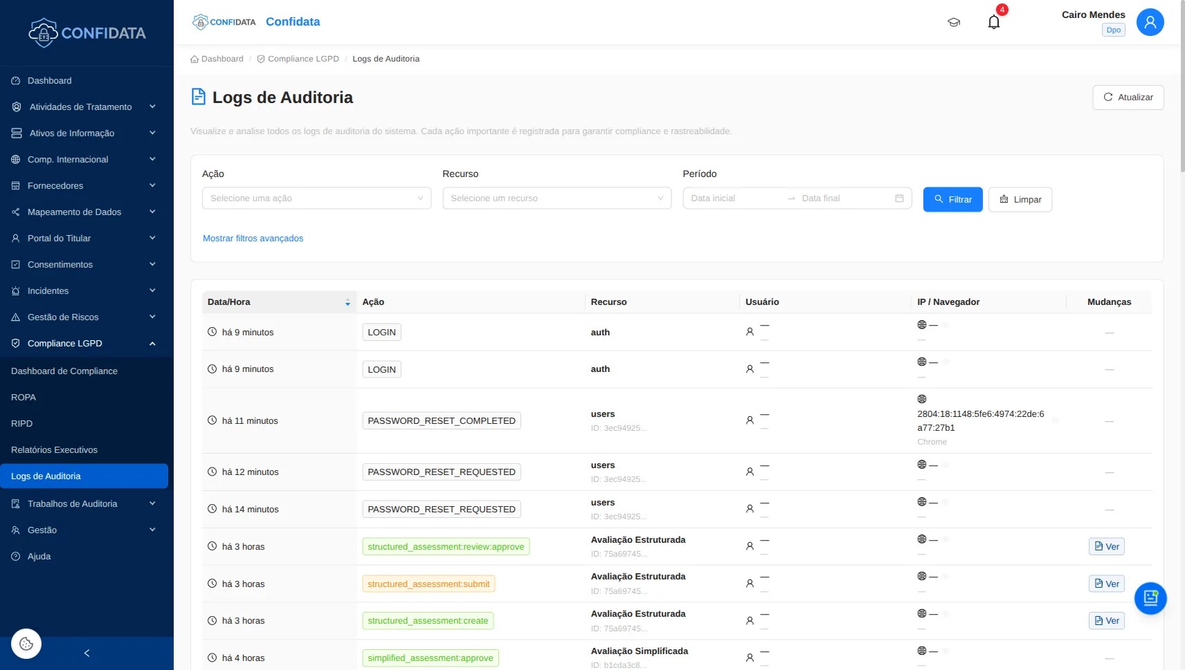 Captura de pantalla del módulo Cumplimiento y Auditoría de Logs